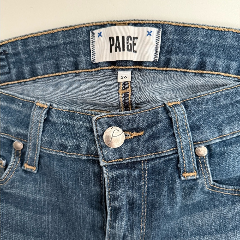 PAIGE High Rise Blue Jeans with Zipper Ankle Detail